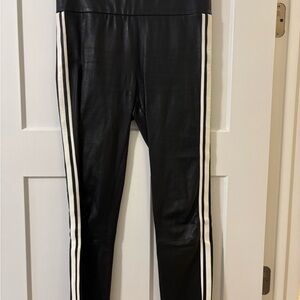 SPRWMN Black Leather Cropped Leggings with White Side Stripes